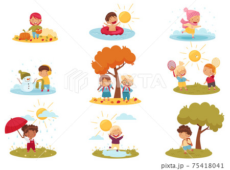 Kids Enjoying Four Seasons Ice Skating, Playing Badminton, Swimming and Harvesting Vector Set Kids Enjoying Four Seasons Ice Skating, Playing Badminton, Swimming and Harvesting Vector Set 75418041