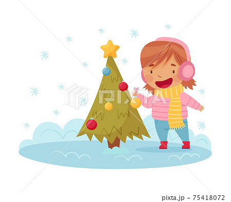 Happy Girl in Scarf and Earmuffs Decorating Christmas Tree with Baubles Enjoying Winter Vector Illustration Happy Girl in Scarf and Earmuffs Decorating Christmas Tree with Baubles Enjoying Winter Vector Illustration 75418072