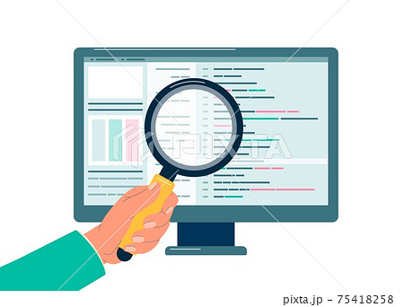 Programmers hand with magnifier checking code flat vector illustration isolated. Programmers hand with magnifier checking code flat vector illustration isolated. 75418258