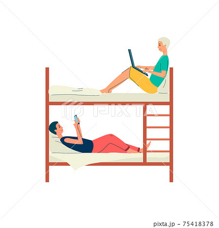 Young people in comfortable hostel bunk bed, flat vector illustration isolated. 75418378