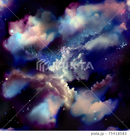 美しい宇宙に漂う雲海と惑星と月と流れ星と流星群のsfパターンイラスト 75418583