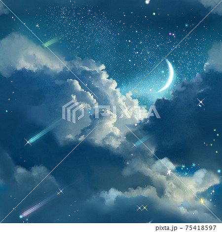 美しい宇宙に漂う雲海と惑星と月と流れ星と流星群のsfパターンイラストのイラスト素材
