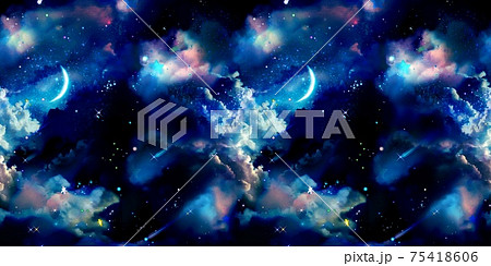 美しい宇宙に漂う雲海と惑星と月と流れ星と流星群のsfパターンイラストのイラスト素材