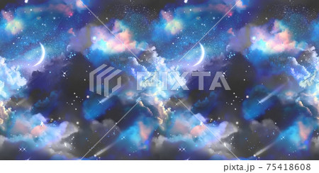 美しい宇宙に漂う雲海と惑星と月と流れ星と流星群のsfパターンイラスト 75418608