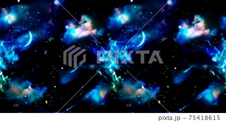 美しい宇宙に漂う雲海と惑星と月と流れ星と流星群のsfパターンイラスト 75418615