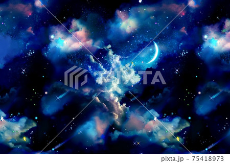 宇宙銀河に漂う雲海と流れ星と惑星と月のsf風背景イラストのイラスト素材