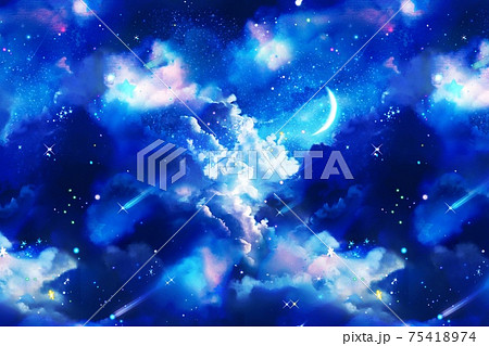 宇宙銀河に漂う雲海と流れ星と惑星と月のsf風背景イラストのイラスト素材