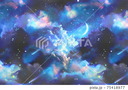 宇宙銀河に漂う雲海と流れ星と惑星と月のsf風背景イラストのイラスト素材