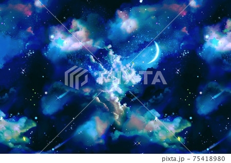宇宙銀河に漂う雲海と流れ星と惑星と月のsf風背景イラスト 75418980