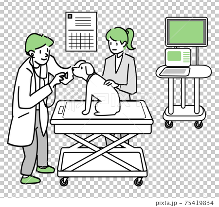 Two people who treat a large dog at a veterinary hospital Two people who treat a large dog at a veterinary hospital 75419834