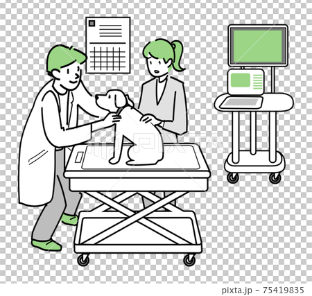 Two people who treat a large dog at a veterinary hospital Two people who treat a large dog at a veterinary hospital 75419835