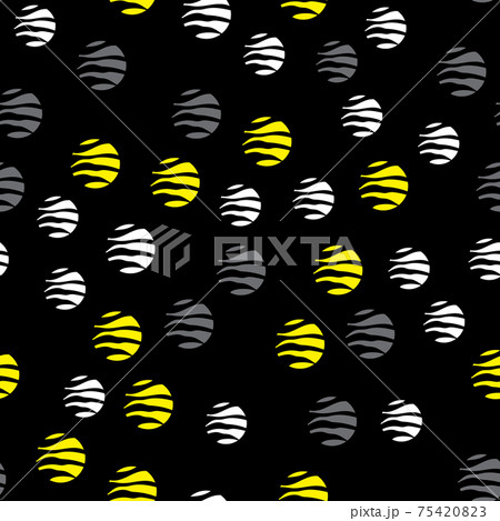 White, yellow and gray circles with textures on a black background. Seamless pattern. Vector design for fabric, packaging, paper 75420823