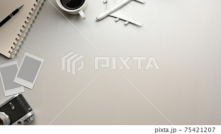 Travel concept, mock up creative scene with camera, photo card frame, notebook and copy space on white background 75421207