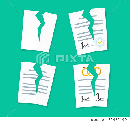 Broken paper legal documents sheets icons set vector, breach of agreement, torn prenuptial marriage contract, idea of law deal termination or cancelation flat cartoon style illustration 75422149