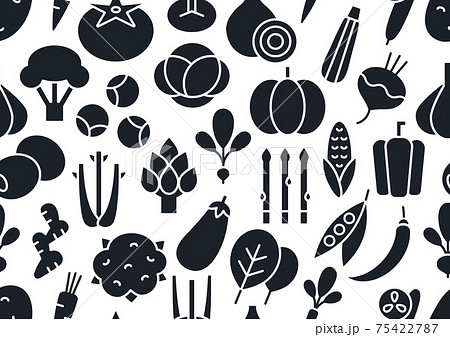 Vector seamless pattern, endless texture with vegetables. Black silhouette isolated on a white background. Fill solid icon, glyph. Healthy food and vitamins 75422787