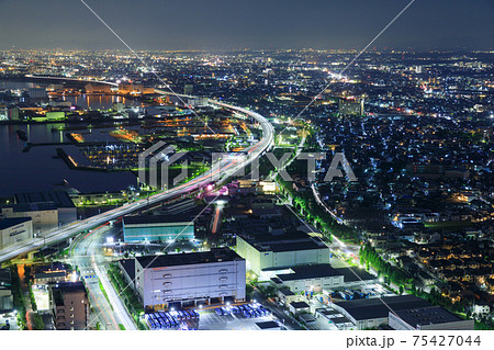 大阪泉佐野_港湾都市夜景の空撮 75427044
