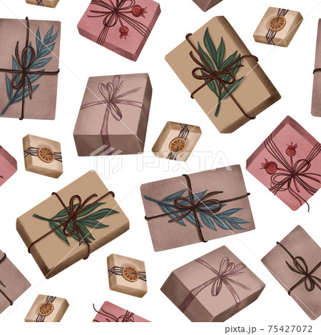 seamless pattern of gift boxes with bows and floral decoration. hand drawn illustration of presents in crafting paper. neutral colors seamless pattern of gift boxes with bows and floral decoration. hand drawn illustration of presents in crafting paper. neutral colors 75427072