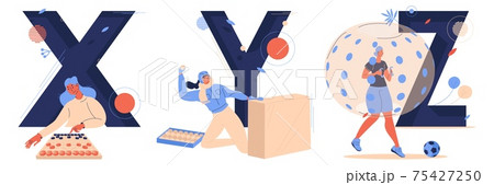 Letter x for xiangqi, Y for yukigassen and Z for zorbing. Sport capital characters isolated on white. Woman training and playing games 75427250