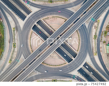 Aerial View Of Road Intersection With Roundaboutの写真素材