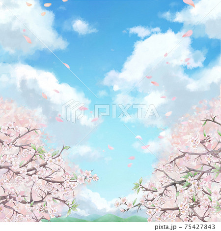 桜の並木背景イラスト3 空と山背景のイラスト素材