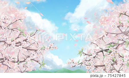 桜の並木背景イラスト2 空と山背景のイラスト素材