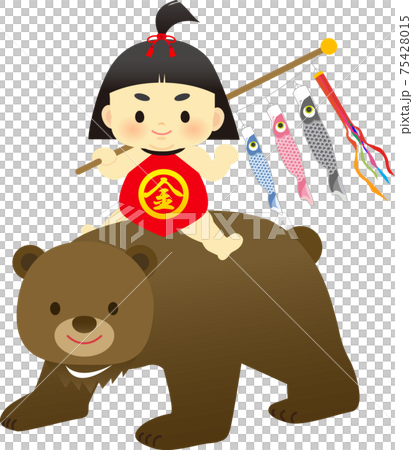 イラスト素材: 金太郎が鯉のぼりの玩具を持ち熊の背中に乗る姿