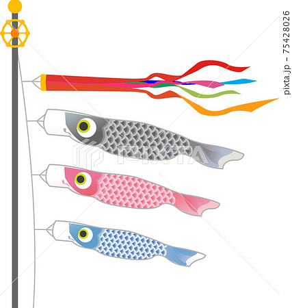 イラスト素材: 5月こどもの日 青空の鯉のぼり 主線あり 白背景 