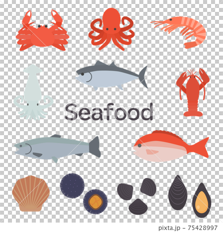 シンプルでかわいいシーフードのイラストセット フラット 75428997