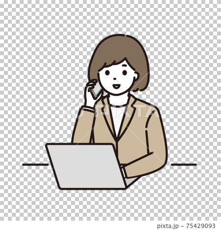 A young woman in a suit making a phone call in front of a computer 75429093