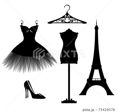haute couture little black dress and eiffel tower vector silhouette design set 75429576