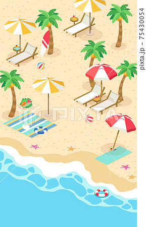 夏の海と砂浜のベクターイラスト縦 アイソメトリック アイソメ のイラスト素材