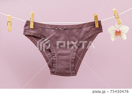 Beautiful women cotton panties on lilac background. Beautiful women cotton panties on lilac background. 75430476