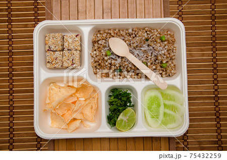 Upvaas Thali or food specially made for fasting, in Maharashtra includes Sabudana khichadi, Rajgira Wadi sweet, papad and Cucumber slices Upvaas Thali or food specially made for fasting, in Maharashtra includes Sabudana khichadi, Rajgira Wadi sweet, papad and Cucumber slices 75432259