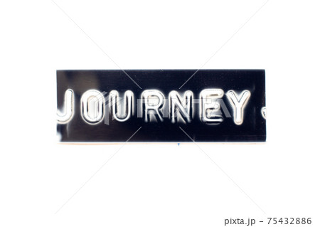 Embossed letter in word journey on black banner with white background Embossed letter in word journey on black banner with white background 75432886