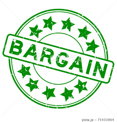 Grunge green bargain word with star icon round rubber seal stamp on white background 75433904