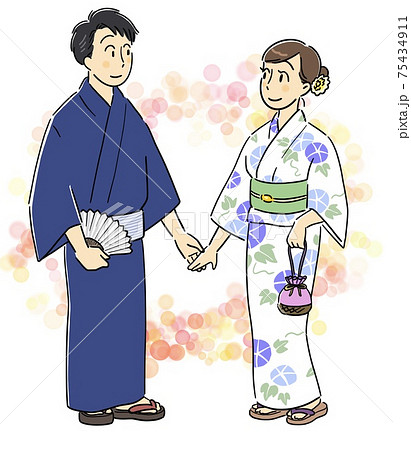 浴衣を着て手を繋ぐ男女のイラスト素材