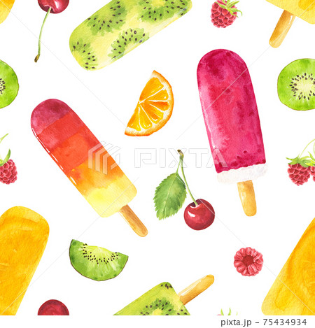 Seamless pattern with watercolor fruit popsicles and berries isolated on white background. Seamless pattern with watercolor fruit popsicles and berries isolated on white background. 75434934