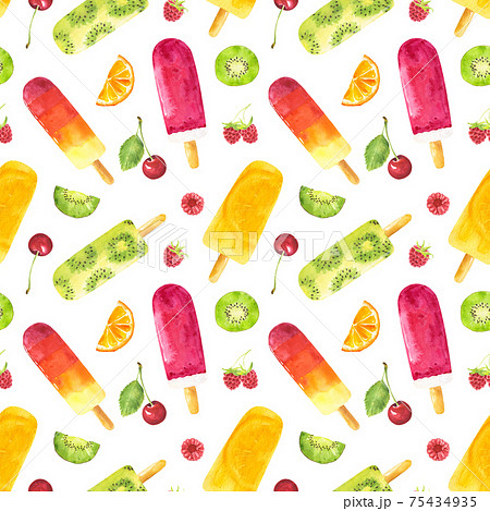 Seamless pattern with watercolor fruit popsicles and berries isolated on white background. Seamless pattern with watercolor fruit popsicles and berries isolated on white background. 75434935