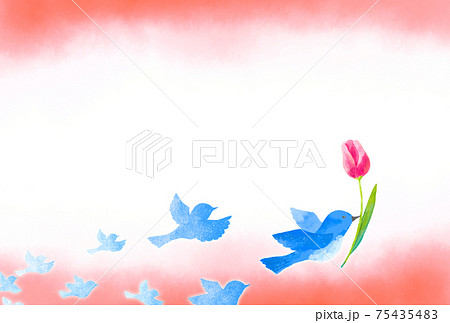 優しいタッチのチューリップをくわえる幸せを運ぶ青い鳥のフレーム 75435483