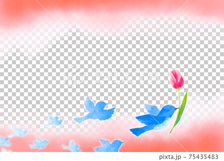 優しいタッチのチューリップをくわえる幸せを運ぶ青い鳥のフレーム 75435483