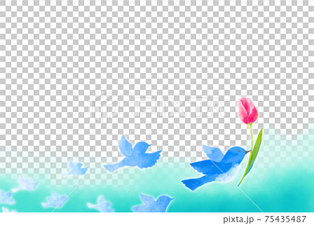 優しいタッチのチューリップをくわえる幸せを運ぶ青い鳥のフレーム 75435487