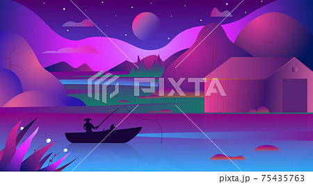 Asian background of landscape with night lake, rice fields and moon. Asian conical rice hat fisherman and dog in the boat. Modern gradient vector illustration of fisherman on the lake in asian region Asian background of landscape with night lake, rice fields and moon. Asian conical rice hat fisherman and dog in the boat. Modern gradient vector illustration of fisherman on the lake in asian region 75435763