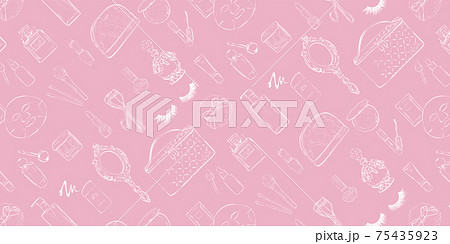 メイクアップアイテム、コスメの手書きの線画。塗りなし。ベクターシームレスパターン。 75435923