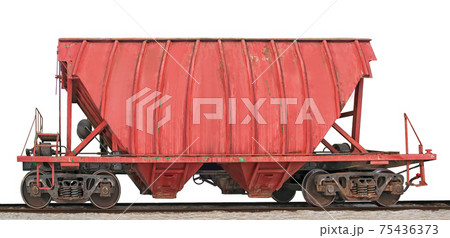 Old rusty hopper car on the rails isolated on the white background. Front view 75436373