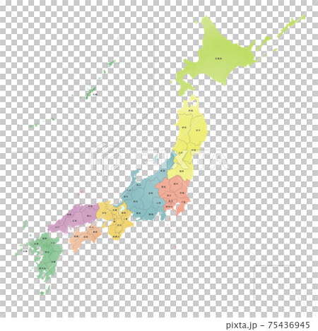 カラフルな水彩風の日本地図 75436945