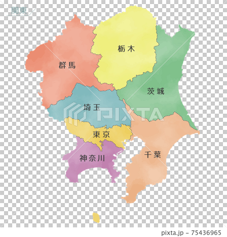 カラフルな水彩風の日本地図 関東地方のイラスト素材