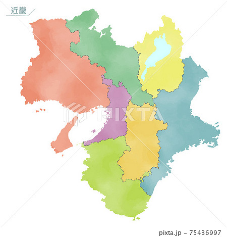 カラフルな水彩風の日本地図 近畿地方のイラスト素材