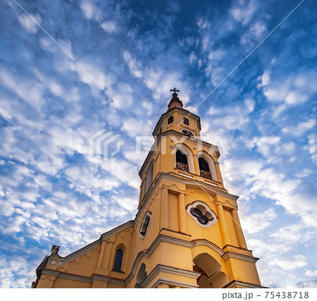 Holy Trinity Evangelical Church in Zvolen town, Slovakia, panoramic scenic bottom view Holy Trinity Evangelical Church in Zvolen town, Slovakia, panoramic scenic bottom view 75438718