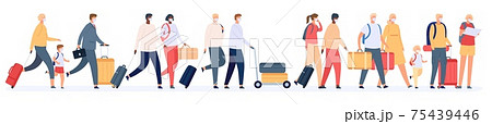 Tourists group with suitcases. Traveling families crowd with luggage in airport queue. People in masks in tour. Safe vacation vector concept 75439446