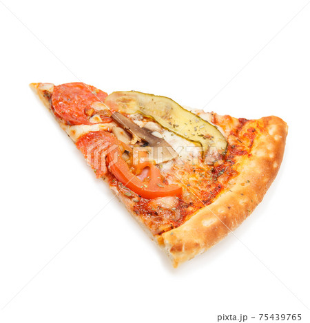 Slice of delicious italian Pizza with bacon, tomatoes, cucumbers, mushrooms and cheese Slice of delicious italian Pizza with bacon, tomatoes, cucumbers, mushrooms and cheese 75439765